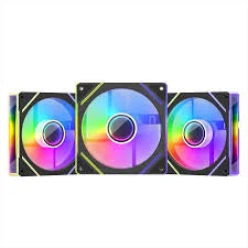 Three colorful computer case fans with rainbow LED lighting on a white background