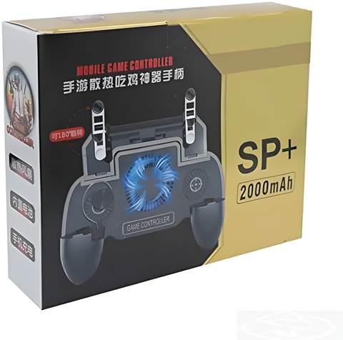 Box of a mobile game controller with SP+ branding and 2000mAh battery capacity.