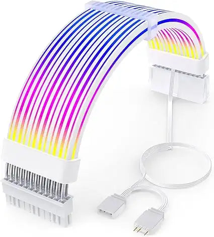 Colorful LED strip with white base and USB cable on a white background