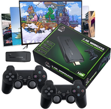 Gaming console with controllers and packaging on a white background