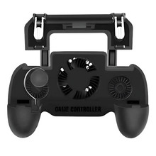 Black game controller with cooling fan on a white background