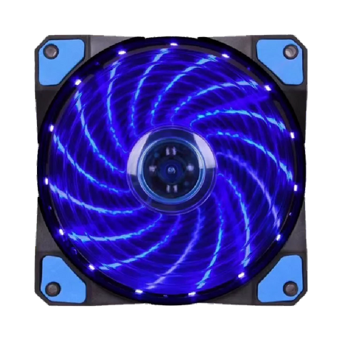 Computer fan with blue LED lighting on a white background