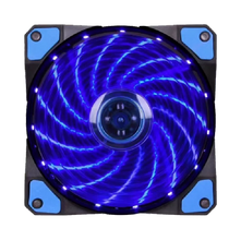 Computer fan with blue LED lighting on a white background
