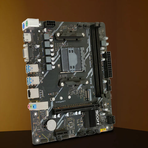Computer motherboard on a brown background