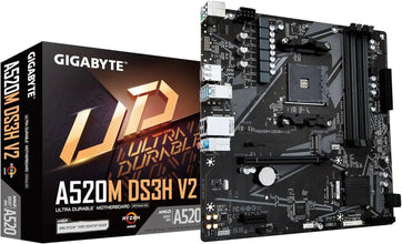 Gigabyte A520M DS3H V2 motherboard with packaging