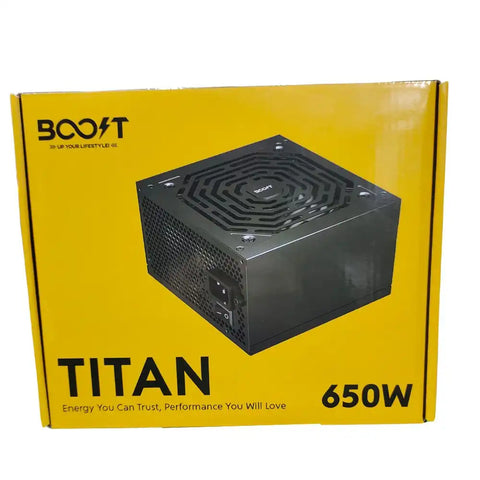 Boost Titan 650W power supply unit packaging with yellow background