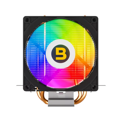 Computer cooling fan with RGB lighting and brand logo on a white background