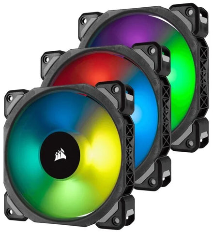 Three RGB LED fans with a visible Corsair logo on a white background