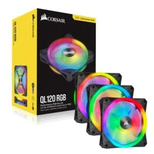 Corsair QL120 RGB cooling fans with packaging on a white background