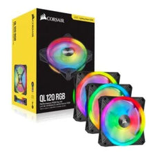 Corsair QL120 RGB cooling fans with packaging on a white background