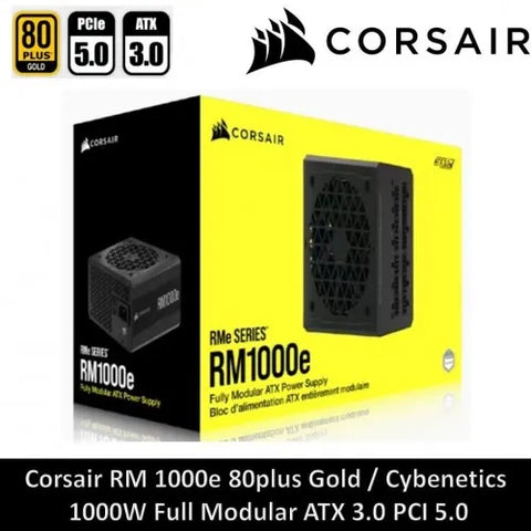 Corsair RM1000e power supply box with Corsair logo and product details.