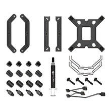Collection of black mechanical parts and tools on a white background