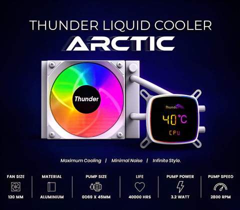 Arctic Thunder liquid cooler with colorful fan and digital temperature display on a dark background