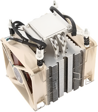 Computer cooling system with fans and heat sinks on a white background