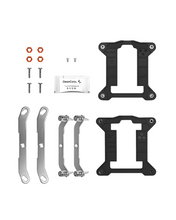 Collection of computer hardware components including metal brackets and screws on a white background.