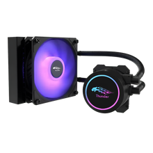 Computer cooling system with RGB lighting on a white background