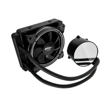 Computer cooling system with fan and reservoir on a white background