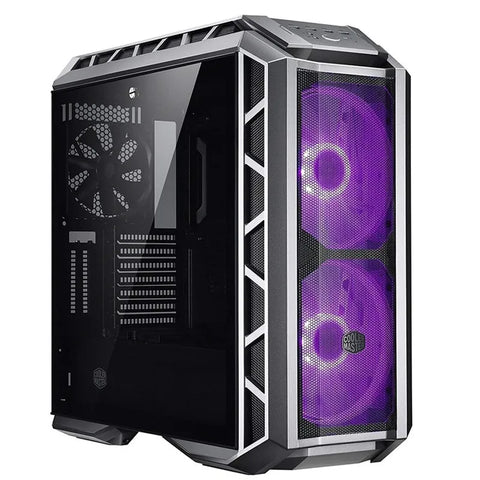 Computer case with purple cooling fans on a white background