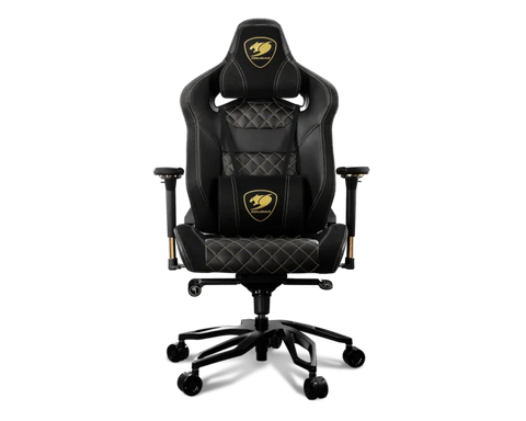 Black gaming chair with quilted design and brand logo on a white background