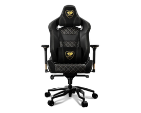 Black gaming chair with quilted design and brand logo on a white background