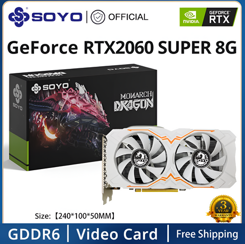 Soyo GeForce RTX2060 Super 8G video card with packaging on a white background