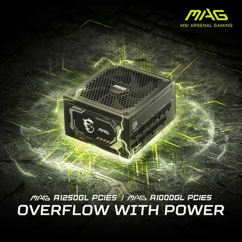 MSI power supply unit with glowing effects on a dark background, featuring MSI Arsenal Gaming logo.