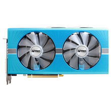 Blue graphics card with two fans and 'Nitro' branding on a white background