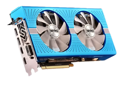 Blue graphics card with dual fans on a white background