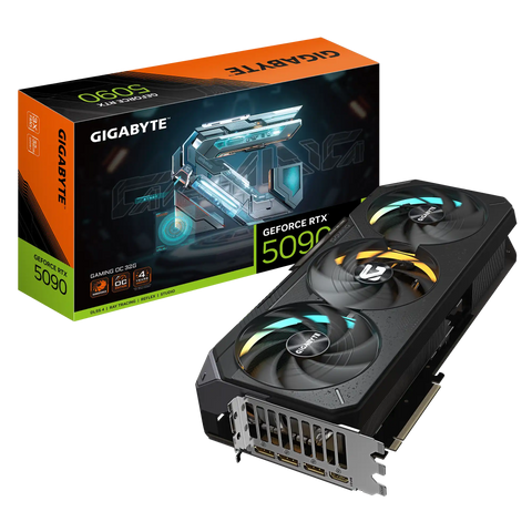 Gigabyte GeForce RTX 5090 graphics card with packaging on a white background