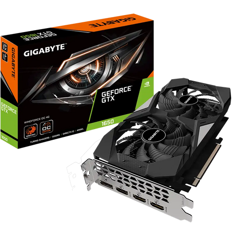 Gigabyte GeForce GTX graphics card with packaging on a white background