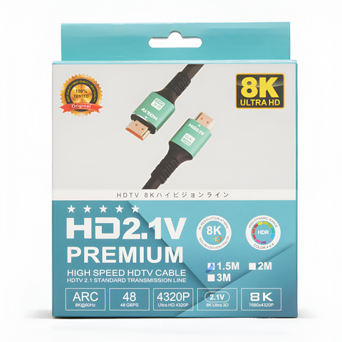 HDTV cable packaging with 8K Ultra HD and Premium branding on a white background