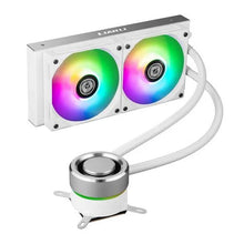 Computer cooling system with dual RGB fans and a reservoir on a white background