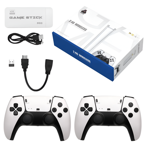 Gaming accessories including controllers, wireless receiver, and cables on a white background