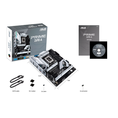 Asus Prime Z690-A motherboard with packaging, manual, and cables on a white background