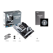 Asus Prime Z690-A motherboard with packaging, manual, and cables on a white background