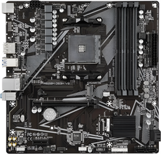 Gigabyte motherboard with various components on a black background