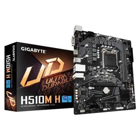 Gigabyte H510M H motherboard with packaging on a white background