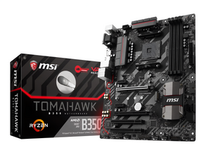 MSI Tomahawk B350 motherboard and packaging on a white background