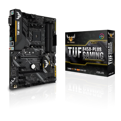 ASUS TUF B450-PLUS GAMING motherboard and packaging on a white background