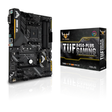 ASUS TUF B450-PLUS GAMING motherboard and packaging on a white background