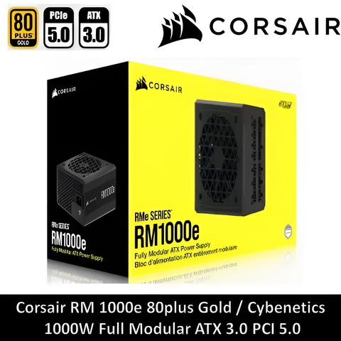 Corsair RM1000e power supply box with Corsair logo and specifications on a white background