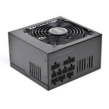 Computer power supply unit with fan on a white background