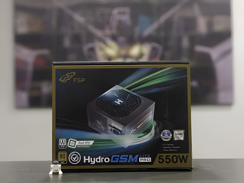 FSP Hydro GSM Lite Pro 550W power supply unit packaging on a blurred background
