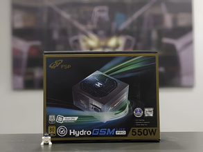 FSP Hydro GSM Lite Pro 550W power supply unit packaging on a blurred background