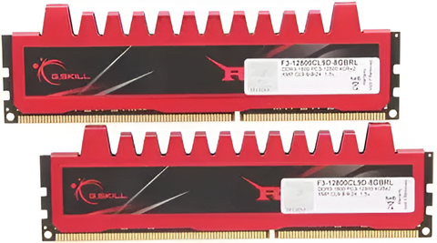 Two red and black G.SKILL RAM modules on a white background