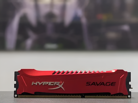 Red HyperX Savage RAM module on a blurred gaming setup background