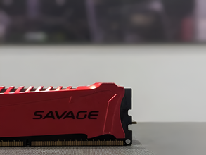 Red 'SAVAGE' RAM module on a blurred background