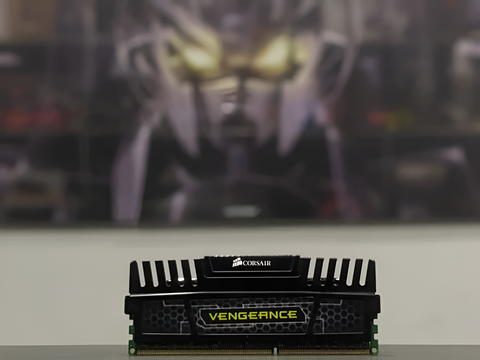 Corsair Vengeance RAM module on a desk with a blurred background featuring a character with glowing eyes.