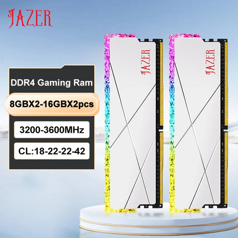 Two DDR4 gaming RAM sticks with colorful accents on a blue background, featuring the brand 'Jazer'.