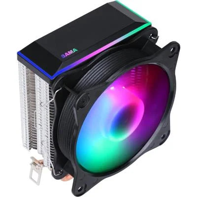 Computer cooling system with RGB LED fan on a white background